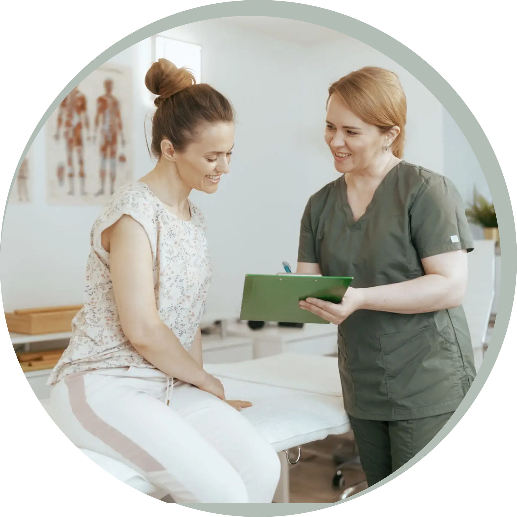 Patient consulting with healthcare professional in clinic.