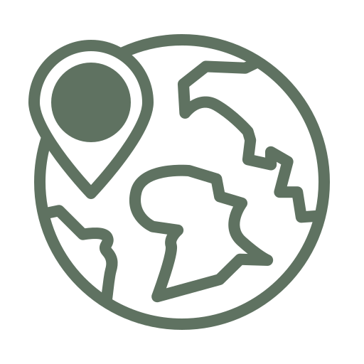 Abstract globe icon with location pin and arrow.