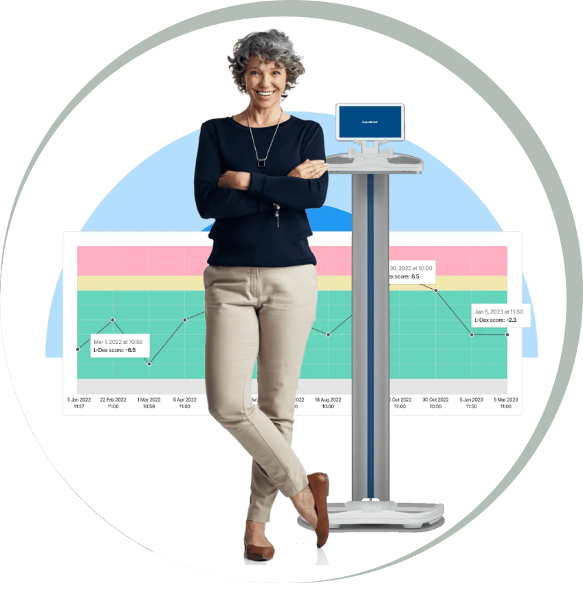 Person standing confidently next to a digital weighing scale.
