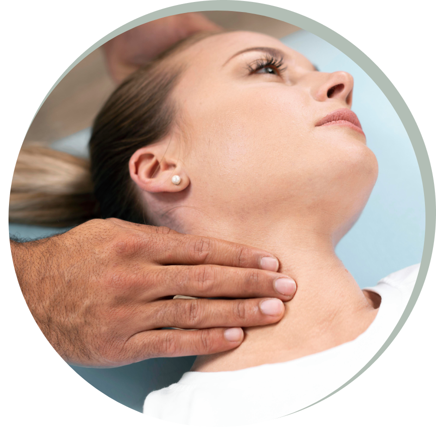 A doctor examining a woman's neck for medical assessment.